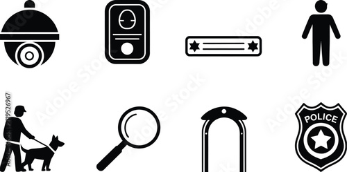 Set of security and surveillance icons, featuring CCTV cameras, security guards, alarm systems, locks, shields, and safety equipment with clean minimalist vector design for monitoring, protection, acc