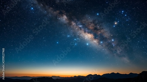 Milky way galaxy and stars above mountain silhouettes at dawn