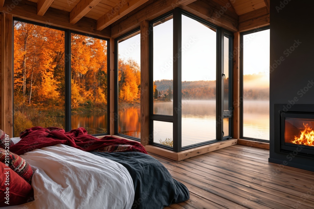 Obraz premium Cabin bedroom with cozy fireplace and modern window view of an autumn fall lake