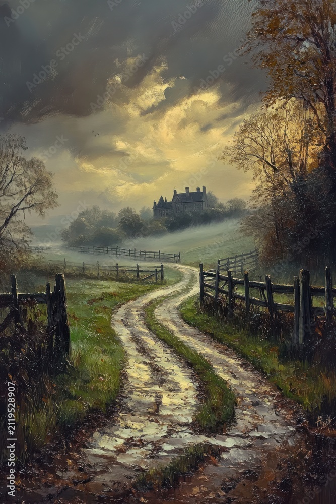 Obraz premium Serene country dirt road winding through countryside with trees and dramatic sky