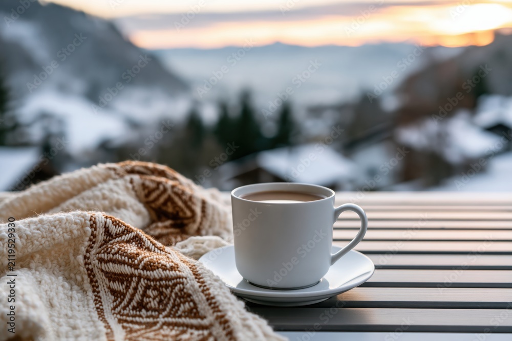 Obraz premium Coffee on a wooden table with a warm blanket and cozy winter mountain landscape