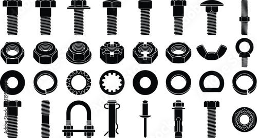 Foto Comprehensive collection of black hardware fastener silhouettes including variou