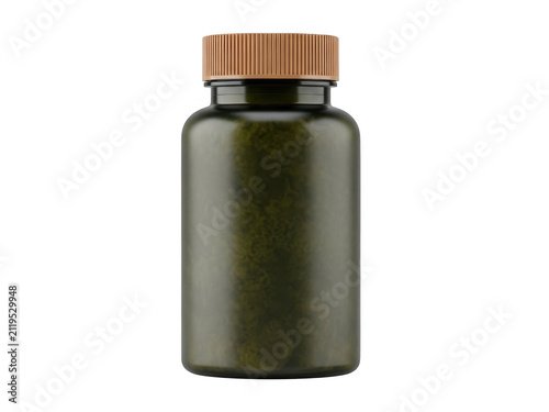 Dark green supplement pill bottle with a brown cap isolated on transparent background