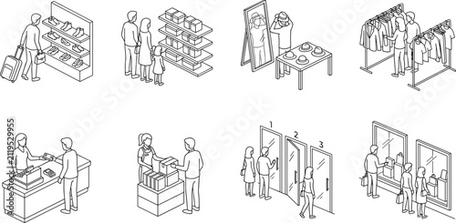 Obraz na płótnie Isometric line art vector collection of people shopping in retail stores browsin