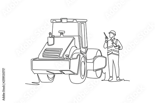 Single continuous line drawing male site worker holding a walkie-talkie radio while standing next to a heavy road roller vehicle at construction site. One line draw graphic design vector illustration