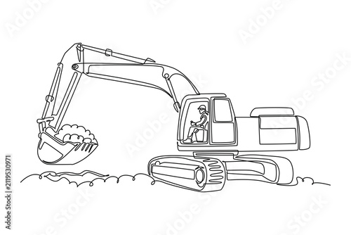 Continuous one line drawing young male driver operating heavy crawler excavator machine digging and lifting dirt inside bucket on construction site. Single line draw design vector graphic illustration