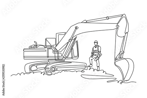 Single continuous line drawing young male site worker holding blueprints and standing next to a large heavy excavator machine at a construction site. One line draw graphic design vector illustration
