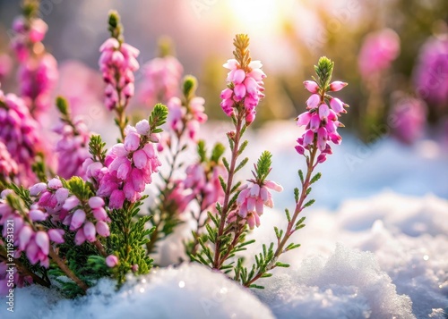 Soft pink flowers bloom on snow-covered spring heath