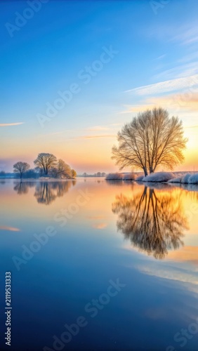 Serene winter lake at dawn