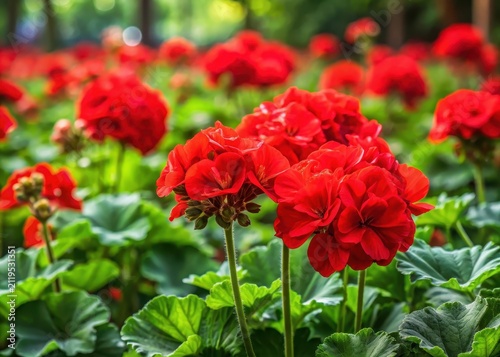 Vibrant red geraniums in full bloom surround each other in a lush greenery