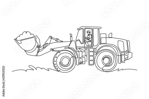 Single continuous line drawing young male driver operating a heavy wheel loader vehicle, carrying dirt inside its front bucket on a construction site. One line draw graphic design vector illustration