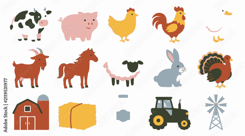 Fototapeta premium Collection of cute cartoon farm animals barn tractor and agricultural elements isolated on white background.