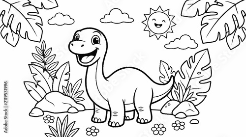 Cuadro en lienzo Cute cartoon baby brontosaurus dinosaur coloring page line art illustration for kids