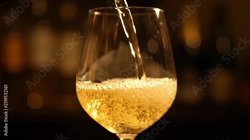White wine pouring into a crystal glass creating bubbles in a dim luxury setting