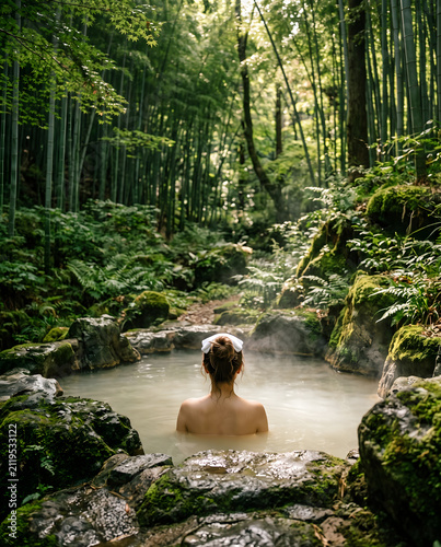 Woman Relaxing in a Natural Hot Spring in a Bamboo Forest