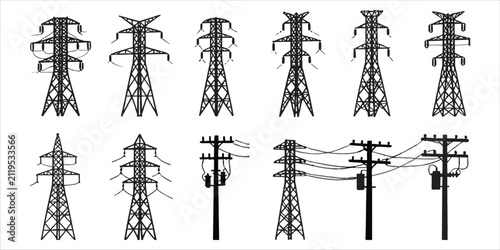 Foto Silhouettes of Electricity Transmission Towers and Wooden Power Poles Keywords: