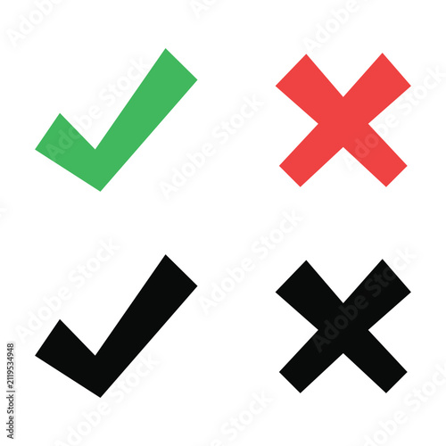 Minimal yes and no symbol icons - Modern check and cross icon collection with colored and monochrome variations, suitable for surveys, educational materials, questionnaires, and creative projects