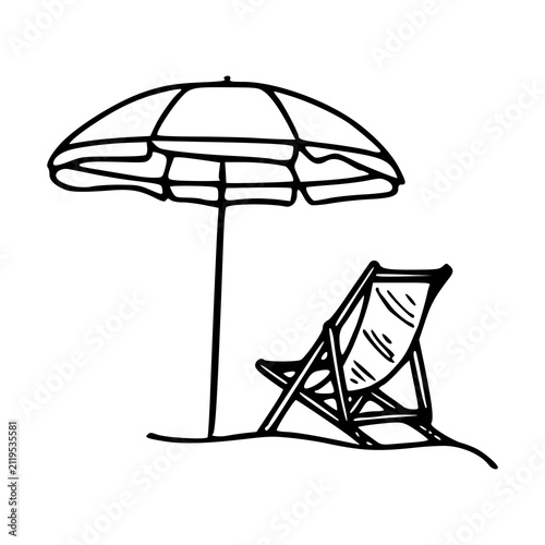 black and white beach parasol and lounge chair sketch illustration isolated for tropical holiday design