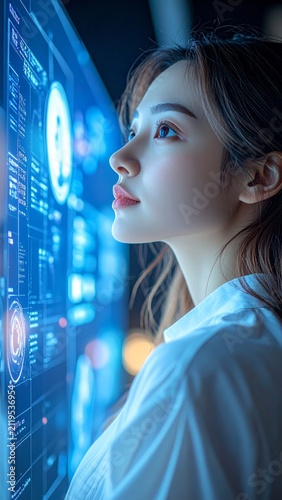 Young Woman Examining Advanced Blue Digital Interface Technology for Futuristic Data Analysis and Scientific Research
