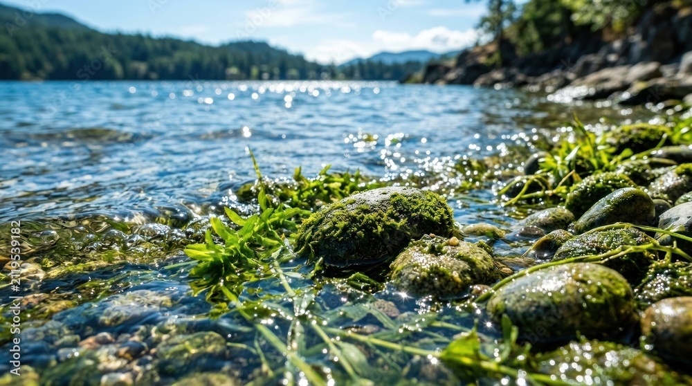 Fototapeta premium Lakeside View of Mossy Stones and Clear Water at a Scenic Mountain Lake Shore