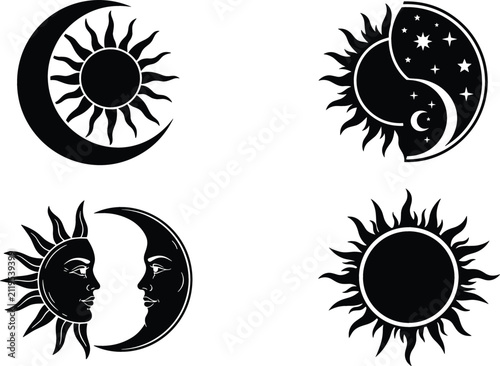 Celestial Sun and Moon Silhouette Vector Icon Set Featuring Mystic Moon Phases Day Night Balance and Solar Eclipse Elements for Esoteric and Spiritual Graphic Designs