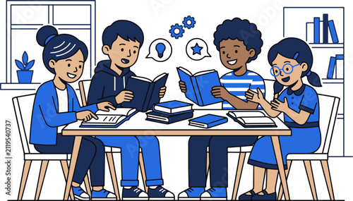 Konstfotografi Diverse group of students reading books and brainstorming ideas together at table vector illustration