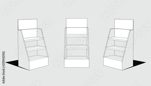 Blank cardboard POS display stand template shown from three different perspective views in simple outline style.