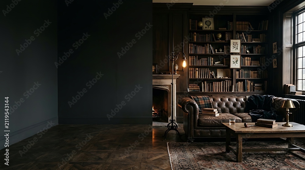 Obraz premium Dark moody library interior with leather sofa and mockup wall space