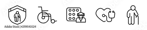 Foto Set de iconos adulto mayor cuidados bastón pastillero 5 piezas outline vector