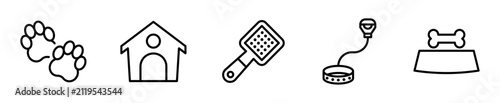 Foto Set de iconos mascotas cuidado huellas plato correa 5 piezas outline vector