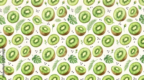 Seamless Pattern of Watercolor Kiwi Fruit Slices and Tropical Leaves.
