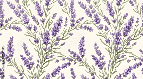 Seamless Pattern of Watercolor Lavender Flowers on Cream Background.