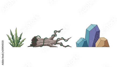 Game environment props including green bush old hollow log with vines and sharp blue and gold crystal cluster.