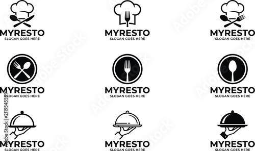 Konstfotografi Restaurant logo collection with chef hat spoon fork cloche and platter icons set