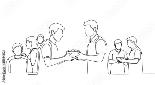 Generosity concept: people sharing food in continuous line drawing style