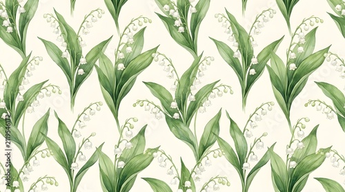 Watercolor seamless pattern with hand drawn lily of the valley flowers.