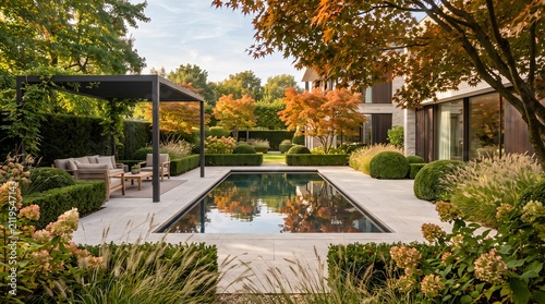 Modern backyard with reflecting pool and pergola