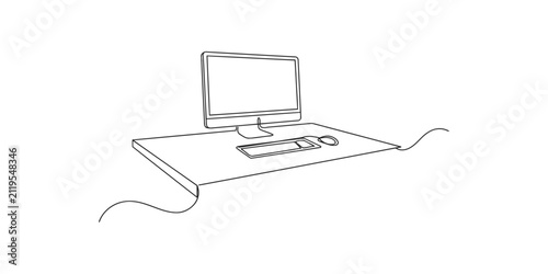 Continuous single line drawing of a computer monitor with keyboard and mouse on a desk