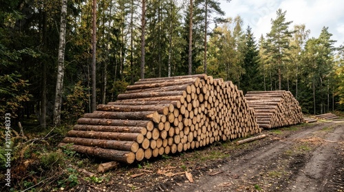 A large stack of logs sits on a dirt road in a forest. Several more stacks of logs are visible in the background.