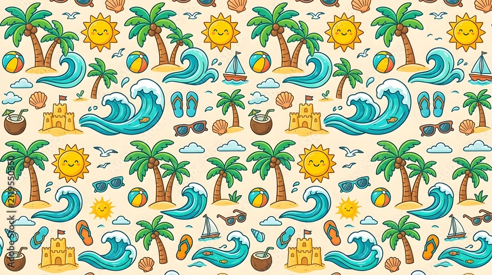 Fototapeta premium Seamless Summer Vacation Beach Pattern Background.