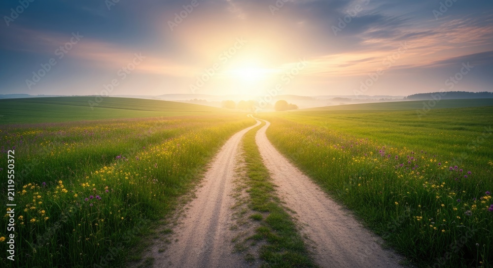 Obraz premium The sun rises over a tranquil, grassy field, illuminating a winding dirt path. Wildflowers bloom abundantly along the path and in the surrounding meadow.