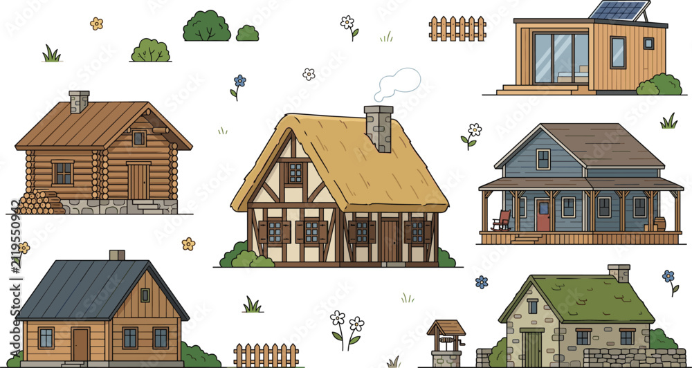 Fototapeta premium Countryside House Vector Illustration Set with Log Cabin, Cottage, Tiny Eco Home, and Rural Stone Building Elements for Real Estate and Architecture Designs