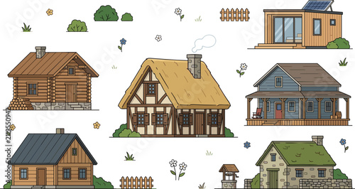 Cuadro en lienzo Countryside House Vector Illustration Set with Log Cabin, Cottage, Tiny Eco Home
