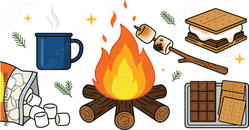 Quadro su tela Campfire Smores Vector Illustration Set with Bonfire, Roasted Marshmallows, Choc
