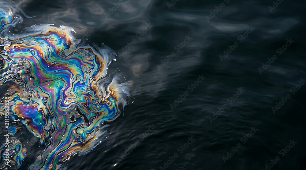 Obraz premium Iridescent oil slick floating on dark rippled water surface