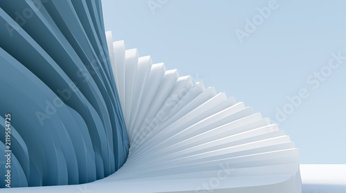 Abstract 3D blue and white architectural pattern background. Geometric spiral parametric structure under blue sky, perfect for modern corporate presentations and real estate banners