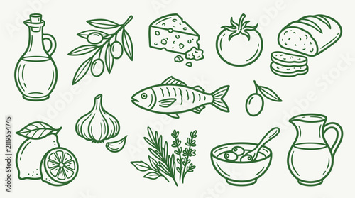 A charming collection of hand-drawn illustrations depicting various fresh ingredients commonly found in Mediterranean cuisine.