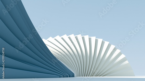 Abstract 3D blue and white architectural pattern background. Geometric spiral parametric structure under blue sky, perfect for modern corporate presentations and real estate banners