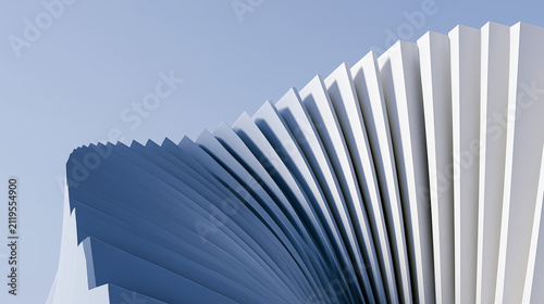Abstract 3D blue and white architectural pattern background. Geometric spiral parametric structure under blue sky, perfect for modern corporate presentations and real estate banners