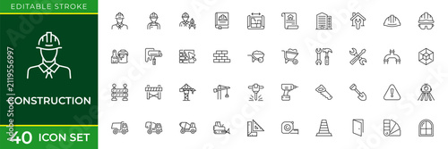Construction Line Icon Set for Building, Engineering, Architecture, Heavy Equipment and Infrastructure Development Outline Vector Collection